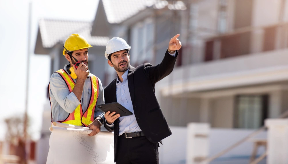 Two construction engineers holding blueprint and clipboard at site, symbolizing digital marketing for construction companies