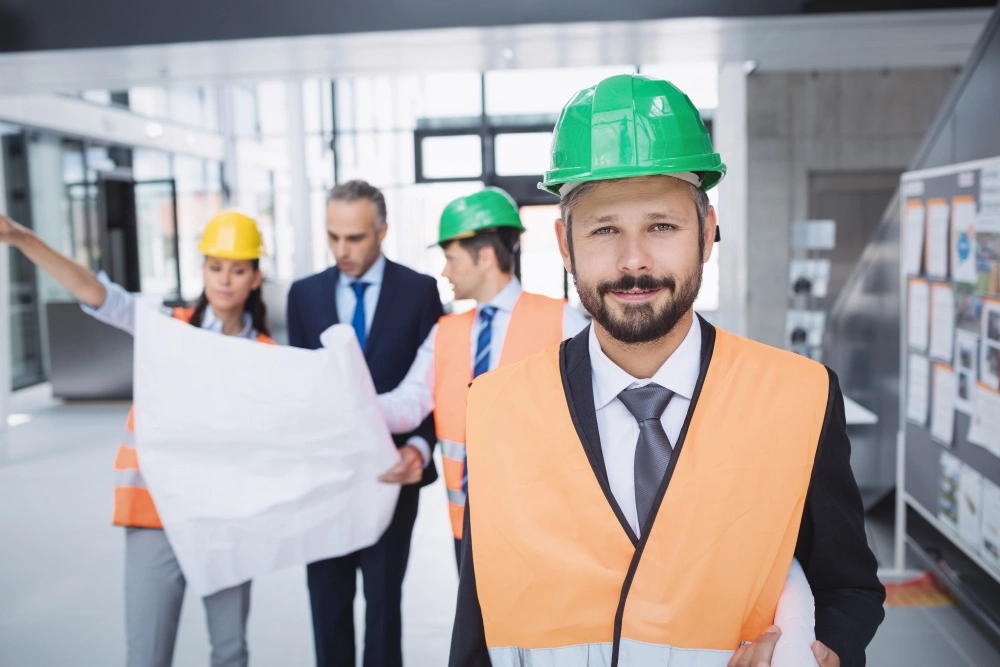 Construction team reviewing large blueprint inside office environment, showcasing digital marketing for construction companies