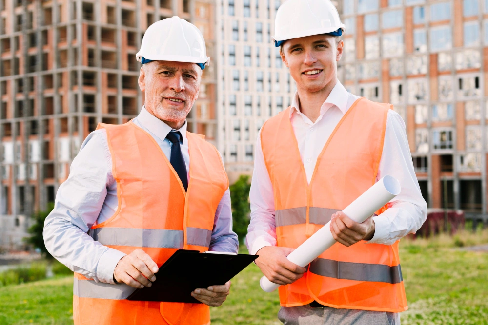 Engineer pointing at construction site while discussing project with worker, related to digital marketing for construction companies
